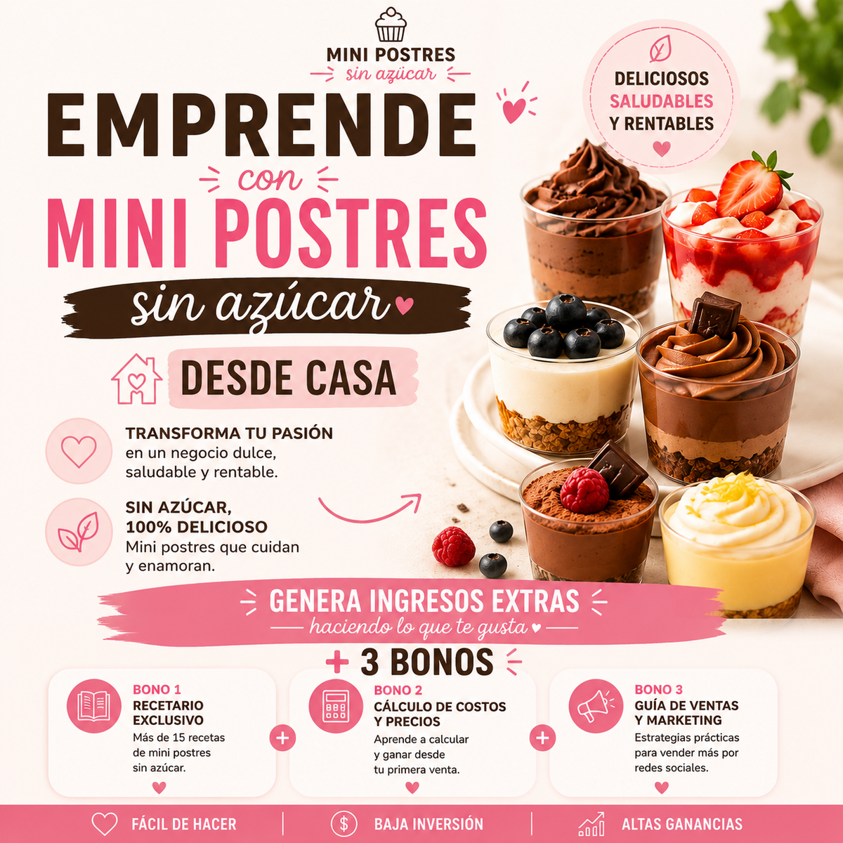 Emprende con mini postres sin azúcar + 3 bonos y gana $ 800.000 al mes